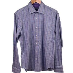 Bugatchi Glen Plaid Purple Shaped Fit Flip Cuff Long Sleeve Dress Shirt Medium